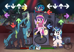 Size: 1323x935 | Tagged: safe, artist:calena, imported from derpibooru, dj pon-3, princess cadance, queen chrysalis, shining armor, vinyl scratch, alicorn, changeling, changeling queen, pony, unicorn, arrow, crossover, crowd, cute, female, flying, friday night funkin', horn, levitation, light show, lights, magic, microphone, party, singing, sparkly eyes, speaker, speakers, telekinesis, wings