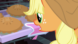 Size: 1920x1080 | Tagged: safe, imported from derpibooru, screencap, applejack, earth pony, pony, applejack's "day" off, season 6, applejack's hat, cowboy hat, female, food, hat, mouth hold, oven, pie, solo, tray