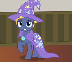 Size: 2488x2164 | Tagged: safe, alternate version, artist:badumsquish, derpibooru exclusive, imported from derpibooru, part of a set, star tracker, earth pony, pony, once upon a zeppelin, cape, clothes, clothes swap, cosplay, costume, crossdressing, crossplay, cute, freckles, frown, gem, grin, happy, hat, looking at you, male, pose, raised hoof, show accurate, smiling, smug, solo, stallion, starcrossed, teeth, trackerbetes, trixie's cape, trixie's hat