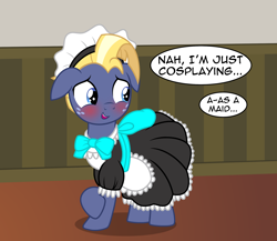 Size: 2488x2164 | Tagged: safe, alternate version, artist:badumsquish, derpibooru exclusive, imported from derpibooru, part of a set, star tracker, earth pony, pony, unicorn, once upon a zeppelin, apron, blushing, bow, clothes, cosplay, costume, crossdressing, crossplay, cute, dialogue, dress, embarrassed, floppy ears, freckles, french maid, grin, happy, looking at you, looking away, maid, male, open mouth, pose, raised hoof, show accurate, smiling, solo, stallion, starcrossed, trackerbetes