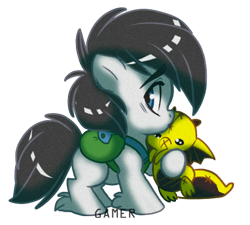 Size: 530x478 | Tagged: safe, artist:thegamercolt, imported from derpibooru, oc, oc only, oc:thegamercolt, earth pony, pony, backpack, dragon plushie, fluffy, foal, plushie, simple background, solo