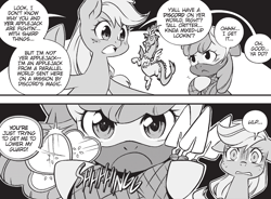 Size: 1749x1290 | Tagged: safe, artist:nekoshiei, imported from derpibooru, apple bloom, applejack, discord, earth pony, pony, my little pony: the manga, spoiler:manga, spoiler:manga3, female, filly, mare, monochrome, my little pony: the manga volume 3, ninja, shuriken, trowel