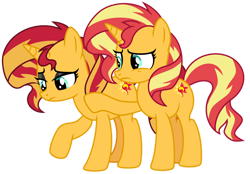 Size: 1024x714 | Tagged: safe, artist:emeraldblast63, imported from derpibooru, sunset shimmer, pony, unicorn, equestria girls, equestria girls series, comforting, cute, doppelganger, duality, equestria girls ponified, eyeshadow, hoof on shoulder, human sunset, makeup, ponified, ponified humanized pony, sad, self ponidox, shimmerbetes