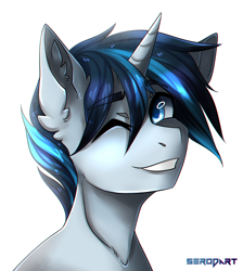 Size: 1700x1900 | Tagged: safe, artist:serodart, imported from derpibooru, oc, oc only, oc:solar gizmo, pony, unicorn, bust, commission, looking at you, male, one eye closed, portrait, smiling, solo, wink, winking at you