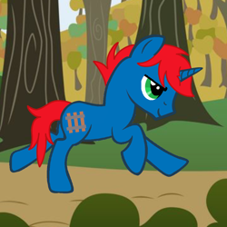 Size: 900x900 | Tagged: safe, artist:ry-bluepony1, imported from derpibooru, oc, oc only, oc:train track, pony, unicorn, background, base used, bush, hill, horn, male, pathway, running, show accurate, solo, stallion, tree, unicorn oc