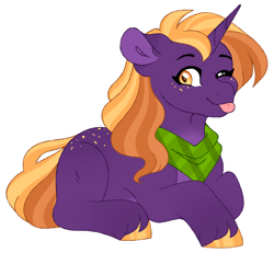 Size: 1024x948 | Tagged: safe, artist:hauntedphantom, imported from derpibooru, oc, oc only, pony, unicorn, blank flank, butt freckles, crack ship offspring, freckles, lying down, magical gay spawn, neckerchief, offspring, one eye closed, parent:big macintosh, parent:hoo'far, prone, simple background, solo, tongue out, transparent background, unshorn fetlocks, wink
