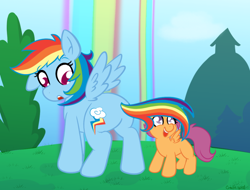 Size: 750x569 | Tagged: safe, artist:therainbowtroll, imported from derpibooru, rainbow dash, scootaloo, pegasus, pony, bush, butt, cute, cutealoo, duo, female, filly, looking back, mare, plot, rainbow waterfall, surprised, tail, tail hat