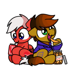 Size: 1000x1000 | Tagged: safe, artist:sugar morning, imported from derpibooru, part of a set, oc, oc only, oc:coke, oc:twitchyylive, earth pony, pegasus, pony, animated, chibi, coca-cola, commission, cute, daaaaaaaaaaaw, drinking, eating, food, frame by frame, gif, male, ocbetes, simple background, sitting, stallion, sugar morning's snacc and drincc, transparent background, ych result