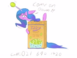 Size: 4000x3000 | Tagged: safe, artist:galinn-arts, imported from derpibooru, izzy moonbow, pony, unicorn, ball, cereal box, female, g5, horn, horn guard, izzy's tennis ball, mare, simple background, solo, tennis ball, white background