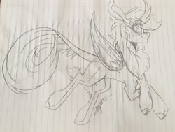 Size: 1080x815 | Tagged: safe, artist:moshi.poni, imported from derpibooru, rainbow dash, kirin, winged kirin, chest fluff, cloven hooves, eyelashes, female, horn, kirin rainbow dash, kirin-ified, leonine tail, lineart, lined paper, smiling, solo, species swap, traditional art, wings