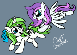 Size: 2868x2048 | Tagged: safe, artist:captshowtime, imported from derpibooru, oc, oc:minty root, oc:snow kicker, pegasus, pony, unicorn, bow, bowtie, commission, duo, female, flying, ponysona, running, siblings, simple background, sisters, sketch