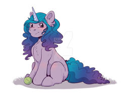 Size: 1600x1181 | Tagged: safe, artist:dinosaphira99, imported from derpibooru, izzy moonbow, pony, unicorn, ball, blushing, chest fluff, deviantart watermark, ear fluff, female, g5, izzy's tennis ball, looking at you, mare, obtrusive watermark, simple background, sitting, smiling, solo, tennis ball, transparent background, watermark