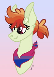 Size: 1155x1628 | Tagged: safe, artist:caramelbolt24, imported from derpibooru, oc, oc only, earth pony, pony, abstract background, bisexual pride flag, bust, commission, ear fluff, earth pony oc, eyelashes, grin, neckerchief, pride, pride flag, signature, smiling, solo, ych result