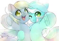 Size: 2048x1430 | Tagged: safe, artist:kurogewapony, imported from derpibooru, derpy hooves, lyra heartstrings, pegasus, pony, unicorn, cute, female, hug, lens flare, looking at you, mare, pointing, simple background, smiling, white background, wrong eye color