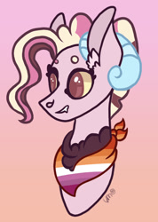 Size: 1158x1628 | Tagged: safe, artist:caramelbolt24, imported from derpibooru, oc, oc only, oc:neapolitan cake, pony, abstract background, bust, chest fluff, commission, ear fluff, eyelashes, grin, horns, interspecies offspring, neckerchief, offspring, parent:discord, parent:pinkie pie, parents:discopie, signature, smiling, solo, ych result