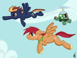 Size: 1200x900 | Tagged: safe, artist:thetenthclass, imported from derpibooru, tank, oc, oc:little spout, oc:midnight flight, pegasus, pony, tortoise, clothes, cloud, colt, cutie mark, female, filly, flying, goggles, helicopter, magical lesbian spawn, male, offspring, parent:big macintosh, parent:fluttershy, parent:rainbow dash, parent:twilight sparkle, parents:fluttermac, parents:twidash, racing, scarf, sky, unshorn fetlocks, windswept mane