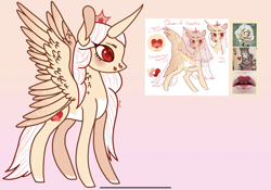 Size: 2388x1668 | Tagged: safe, artist:caramelbolt24, imported from derpibooru, oc, oc only, alicorn, pony, alicorn oc, ear fluff, female, flower, horn, mare, pink background, reference sheet, rose, signature, simple background, wings