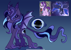 Size: 2388x1668 | Tagged: safe, artist:caramelbolt24, imported from derpibooru, screencap, princess luna, starlight glimmer, oc, oc:galactic eclipse, alicorn, bat pony, bat pony alicorn, pony, unicorn, bat wings, black hole, ear fluff, ethereal mane, female, flying, gradient background, hoof fluff, horn, magical lesbian spawn, mare, offspring, parent:princess luna, parent:starlight glimmer, parents:starluna, screencap reference, signature, starry mane, unshorn fetlocks, wings