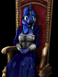 Size: 819x1080 | Tagged: safe, artist:litterpaws, derpibooru exclusive, imported from derpibooru, princess luna, anthro, 3d, alternate hairstyle, clothes, corset, female, hands in lap, horn, horn ring, jewelry, looking at you, ring, source filmmaker, throne, wingless, wingless anthro