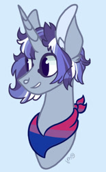 Size: 1012x1628 | Tagged: safe, artist:caramelbolt24, imported from derpibooru, oc, oc only, pony, unicorn, bisexual pride flag, blue background, bust, commission, ear fluff, grin, horn, neckerchief, pride, pride flag, signature, simple background, smiling, solo, unicorn oc, ych result
