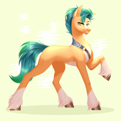 Size: 5000x5000 | Tagged: safe, artist:ohhoneybee, imported from derpibooru, hitch trailblazer, earth pony, pony, absurd resolution, blaze (coat marking), coat markings, facial markings, g5, looking at you, male, pale belly, raised hoof, smiling, smiling at you, socks (coat markings), solo, stallion, unshorn fetlocks