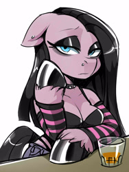 Size: 1200x1600 | Tagged: safe, artist:noupie, imported from derpibooru, pinkie pie, anthro, semi-anthro, alternate hairstyle, arm hooves, arm warmers, black hair, breasts, choker, cleavage, clothes, drink, ear piercing, eyeshadow, floppy ears, glass, goth, makeup, nose piercing, piercing, pinkamena diane pie, shirt, simple background, solo, studded choker, white background