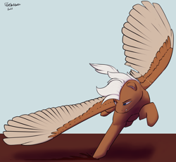 Size: 2140x1971 | Tagged: safe, artist:flashnoteart, imported from derpibooru, oc, oc only, oc:hotshot butcher, pegasus, pony, colored, flying, male, simple background, solo, wings