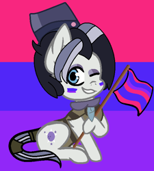 Size: 578x642 | Tagged: safe, artist:jadeharmony, artist:jadethepegasus, artist:kittiebases, imported from derpibooru, derek (pony life), earth pony, pony, my little pony: pony life, base used, bisexual pride flag, clothes, derek, eyeshadow, face paint, flag, g4.5, grin, hat, holding a flag, makeup, male, necktie, one eye closed, pony life, pride, pride flag, raised hoof, shirt, sitting, smiling, solo, stallion, teeth, top hat, wink