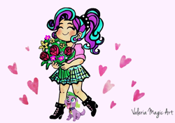 Size: 1530x1071 | Tagged: safe, artist:baekgup edits, artist:valeriamagicart, edit, imported from derpibooru, spike, starlight glimmer, dog, human, equestria girls, between legs, blushing, boots, bouquet, clothes, cute, eyes on the prize, female, flower, heart, high heel boots, humanized, looking up, lucky bastard, male, shipping, shoes, size difference, skirt, smiling, sparlight, spike the dog, straight, tongue out