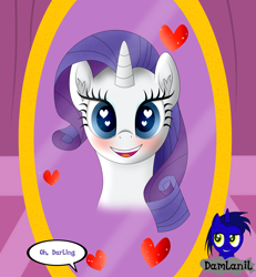 Size: 3840x4154 | Tagged: safe, artist:damlanil, imported from derpibooru, rarity, pony, unicorn, blushing, carousel boutique, comic, cute, darling, female, happy, heart, heart eyes, horn, looking at you, mare, mirror, open mouth, raribetes, simple background, smiling, text, vector, wingding eyes