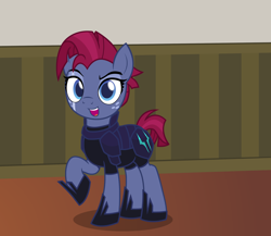 Size: 2488x2164 | Tagged: safe, alternate version, artist:badumsquish, derpibooru exclusive, imported from derpibooru, part of a set, star tracker, tempest shadow, pony, unicorn, once upon a zeppelin, armor, clothes, cosplay, costume, crossdressing, crossplay, dyed hair, eyeliner, eyeshadow, freckles, grin, happy, implied tempest shadow, looking at you, makeup, male, open mouth, pose, raised hoof, scar, shoes, show accurate, smiling, solo, stallion, storm king's emblem