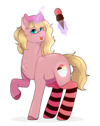 Size: 2304x2882 | Tagged: safe, artist:saramicro, imported from derpibooru, oc, oc:mille feuille, pony, unicorn, :p, back freckles, chest fluff, clothes, food, freckles, glasses, hat, ice cream, levitation, looking at you, magic, raised hoof, smiling, socks, striped socks, telekinesis, tongue out