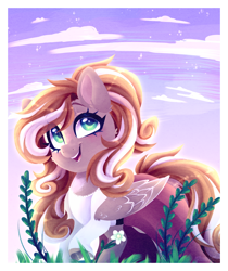 Size: 3300x3922 | Tagged: safe, artist:_spacemonkeyz_, imported from derpibooru, oc, oc only, oc:north, pegasus, pony, clothes, cloud, dress, grass, green eyes, multicolored mane, solo