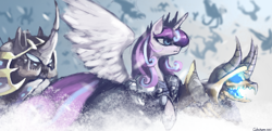 Size: 3000x1456 | Tagged: safe, artist:colochenni, imported from derpibooru, princess flurry heart, alicorn, arachnid, changeling, dragon, undead, army, bone, corrupted, drawthread, horn, jewelry, lich king, multiple horns, regalia, skeleton, snow, tricorn, warcraft