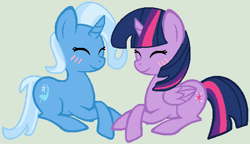 Size: 580x334 | Tagged: safe, artist:jadeharmony, artist:jadethepegasus, imported from derpibooru, trixie, twilight sparkle, alicorn, blushing, female, lesbian, shipping, twilight sparkle (alicorn), twixie