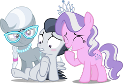 Size: 1017x698 | Tagged: safe, artist:deserter, artist:frownfactory, artist:liggliluff, artist:ready2fail, edit, edited edit, editor:slayerbvc, imported from derpibooru, vector edit, diamond tiara, rumble, silver spoon, earth pony, pegasus, pony, blushing, colt, featureless crotch, female, filly, giggling, glasses, implied foalcon, jewelry, looking down, male, necklace, raised hoof, simple background, sitting, smug, spread legs, spreading, tiara, transparent background, underhoof, vector