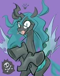 Size: 1604x2048 | Tagged: safe, artist:noupu, imported from derpibooru, queen chrysalis, changeling, changeling queen, female, open mouth, purple background, simple background, skull and crossbones, solo, tongue out