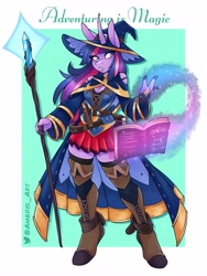 Size: 3072x4096 | Tagged: safe, artist:ambris, imported from derpibooru, twilight sparkle, anthro, unguligrade anthro, unicorn, adventuring is magic, boots, boots on hooves, clothes, dress, fantasy class, hat, high res, mage, magical staff, shoes, staff, thigh boots, witch costume, witch hat, wizard, wizard hat, zettai ryouiki