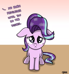 Size: 1867x2015 | Tagged: safe, artist:banquo0, imported from derpibooru, starlight glimmer, pony, unicorn, abuse, female, floppy ears, glimmerbuse, hornless unicorn, implied twilight sparkle, mare, missing horn, pleading, simple background, sitting, solo, text