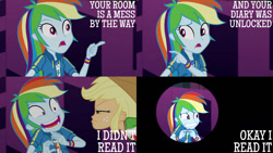 Size: 1280x720 | Tagged: safe, edit, edited screencap, editor:quoterific, imported from derpibooru, screencap, applejack, rainbow dash, human, constructive criticism, equestria girls, equestria girls series, applejack is not amused, applejack's hat, choose your own ending (season 1), clothes, constructive criticism: rainbow dash, cowboy hat, cutie mark, cutie mark on clothes, duo, duo female, female, geode of super speed, geode of super strength, gritted teeth, hat, hoodie, magical geodes, open mouth, solo, unamused