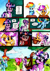 Size: 752x1063 | Tagged: safe, artist:argodaemon, artist:liaaqila, imported from derpibooru, apple bloom, rainbow dash, scootaloo, sweetie belle, twilight sparkle, alicorn, earth pony, pegasus, pony, unicorn, 3d, bandage, bandaged head, bandaged wing, big red button, borderlands, borderlands the pre-sequel, butt, cartoon violence, catapult, chalkboard, clothes, comic, cute, cutealoo, cutie mark crusaders, glasses, heartbeat, i believe i can fly, lab coat, plot, press the button, r. kelly, rapeface, reinterpretation, scared, slapstick, starry eyes, this will end in death, this will end in tears, this will end in tears and/or death, this will end in tears and/or death and/or covered in tree sap, traditional art, twilight sparkle (alicorn), waving, wingding eyes, wings