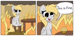 Size: 4096x1988 | Tagged: safe, artist:kittyrosie, imported from derpibooru, derpy hooves, pegasus, pony, chair, cute, derpabetes, fire, food, meme, muffin, open mouth, ponified meme, sitting, solo, speech bubble, table, this is fine