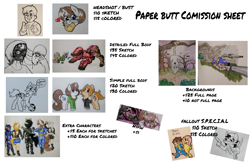 Size: 4150x2702 | Tagged: safe, artist:paper view of butts, imported from derpibooru, tank, oc, oc:paper butt, oc:skecher haret, anthro, demon, demon pony, human, original species, pony, advertisement, background, ball, bread, clothes, commission info, food, football, hoodie, ink, ink drawing, jacket, jumpsuit, price sheet, skull, sniper, soccer ball (object), tank (vehicle), traditional art, tree, vault boy, vault suit, weapon