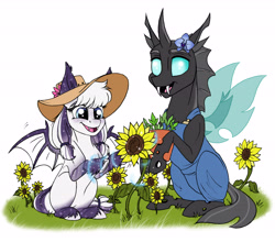 Size: 5439x4784 | Tagged: safe, artist:celestial-rainstorm, imported from derpibooru, oc, oc only, oc:orchid, oc:sweet dreams, bat pony, changeling, pony, absurd resolution, clothes, flower, magic, overalls, sunflower