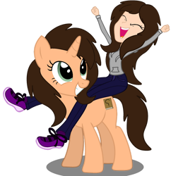 Size: 1280x1321 | Tagged: safe, artist:lynnthenerdkitty, artist:stryapastylebases, imported from derpibooru, oc, oc:small brooke, pony, unicorn, equestria girls, base used, cheering, eyes closed, grin, human ponidox, humans riding ponies, open mouth, riding, self ponidox, smiling