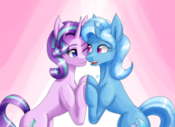 Size: 2200x1600 | Tagged: safe, artist:zachc, imported from derpibooru, starlight glimmer, trixie, unicorn, cheek squish, concave belly, cutie mark, duo, female, females only, friendship chant, holding hooves, horn, looking at each other, skinny, slim, squishy cheeks, sternocleidomastoid, thin
