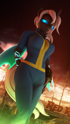 Size: 2160x3840 | Tagged: safe, artist:jacob_lhh3, imported from derpibooru, oc, oc only, oc:dragonfly, anthro, changeling, plantigrade anthro, 3d, changeling oc, clothes, fallout, female, glowing eyes, glowing tattoos, jumpsuit, nexgen, pipboy, ponytail, radioactive, solo, source filmmaker, sunlight, vault suit, wings