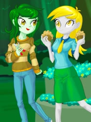 Size: 755x1014 | Tagged: safe, artist:xjleiu, imported from derpibooru, derpy hooves, wallflower blush, equestria girls, equestria girls series, forgotten friendship, duo, duo female, female, food, garden, muffin, shears