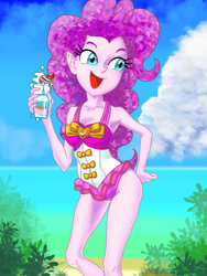 Size: 1668x2224 | Tagged: safe, artist:xjleiu, imported from derpibooru, pinkie pie, equestria girls, equestria girls series, forgotten friendship, beach, clothes, female, food, ice cream, ocean, one-piece swimsuit, open mouth, pinkie pie swimsuit, solo, swimsuit