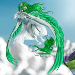 Size: 2160x2160 | Tagged: safe, artist:crazyaniknowit, imported from derpibooru, oc, oc only, oc:amalthea, anthro, pegasus, clothes, cloud, dress, female, flying, solo